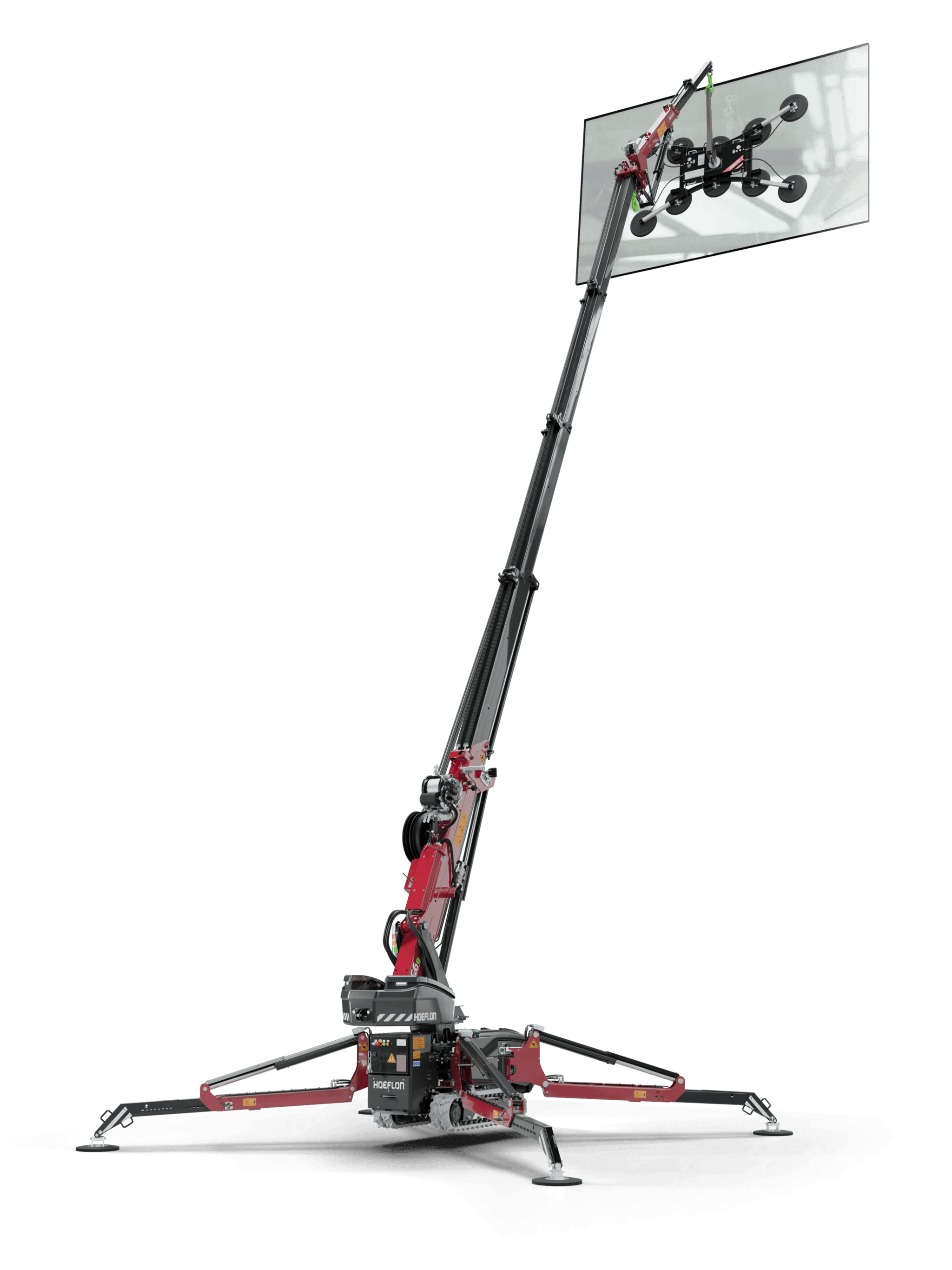 C6e crane with glass suction lifter lifting a glass panel, in working position.