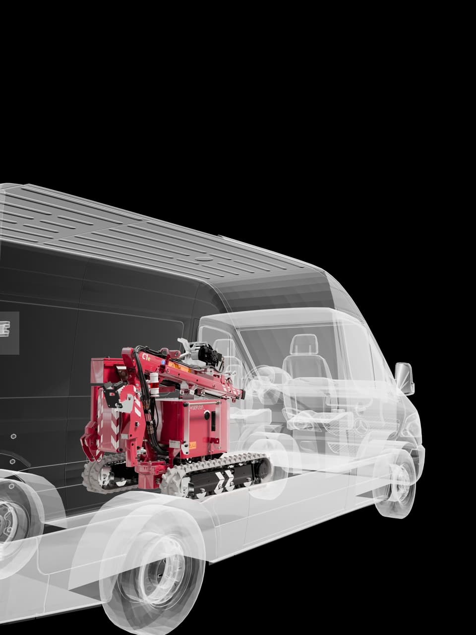 Image of the Hoeflon C1 crane inside a transport van.