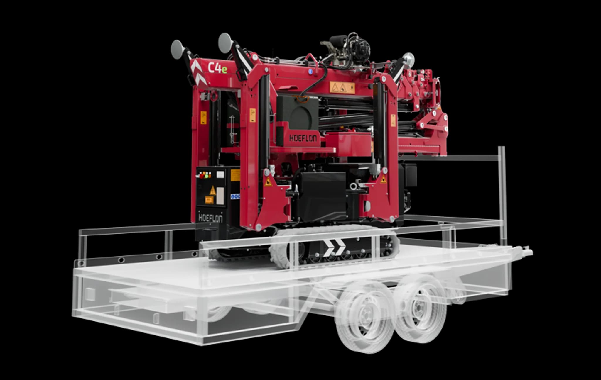 Image of the Hoeflon C4e crane on a compact transport trailer.