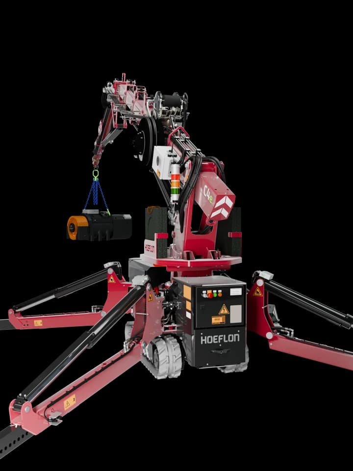 Image of the Hoeflon C4e crane at maximum load capacity.